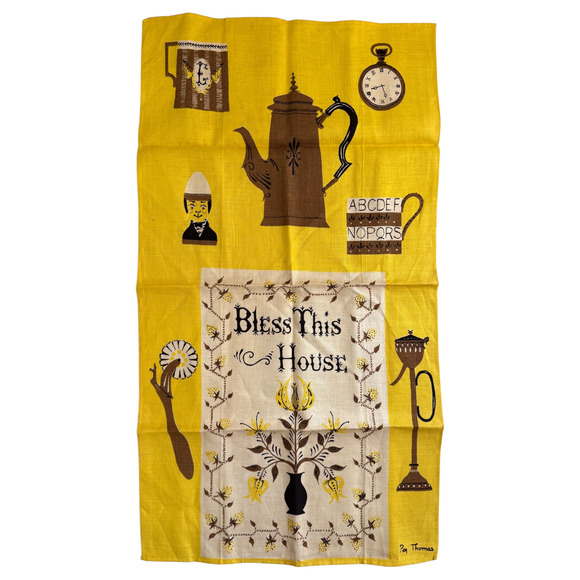 Vintage Peg Thomas Tea Towel Linen Bless This House Kitchen Dish MCM Yellow NOS - Picture 1 of 14